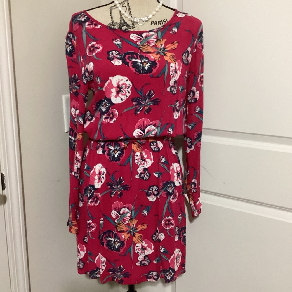 Roxy Women’s Pink Floral Puff Long Sleeves(gartered) Aline Dress Mini Skirt